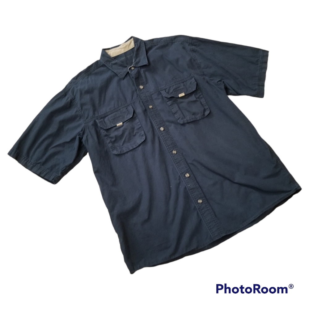 Eddie Bauer Navy Blue Cotton Short Sleeve Double Pockets Shirt Men's Large